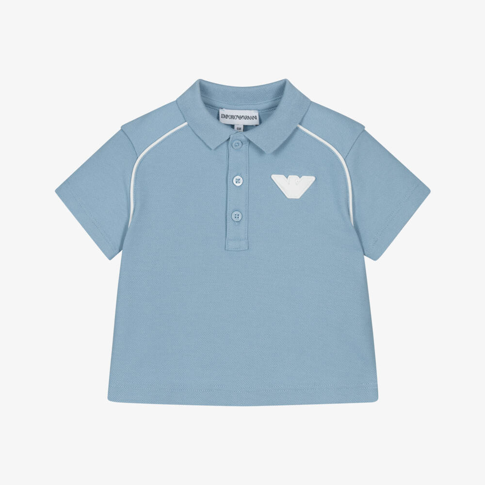 Emporio Armani-Baby Boys Blue Cotton Polo Shirt with White Eagle Logo | Childrensalon