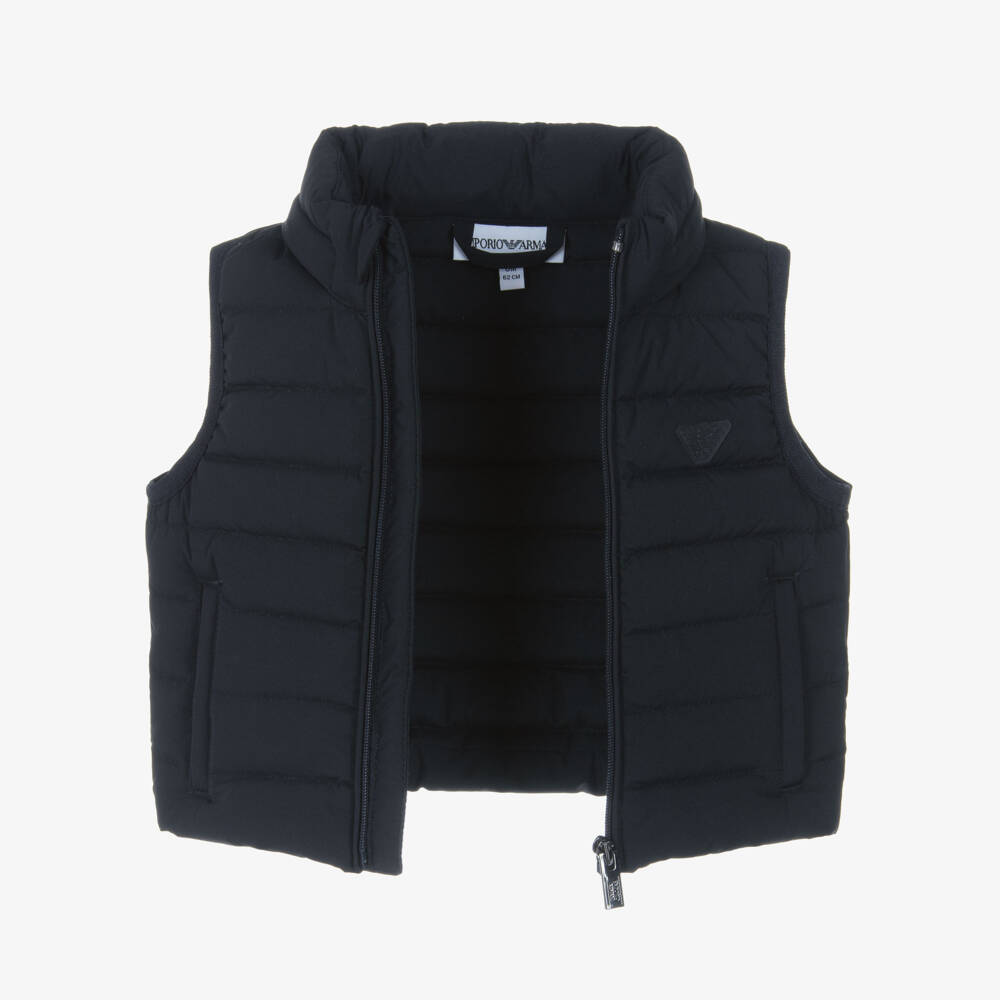 Emporio Armani-Baby Boys Blue Hooded Down Puffer Gilet with Eagle Logo | Childrensalon