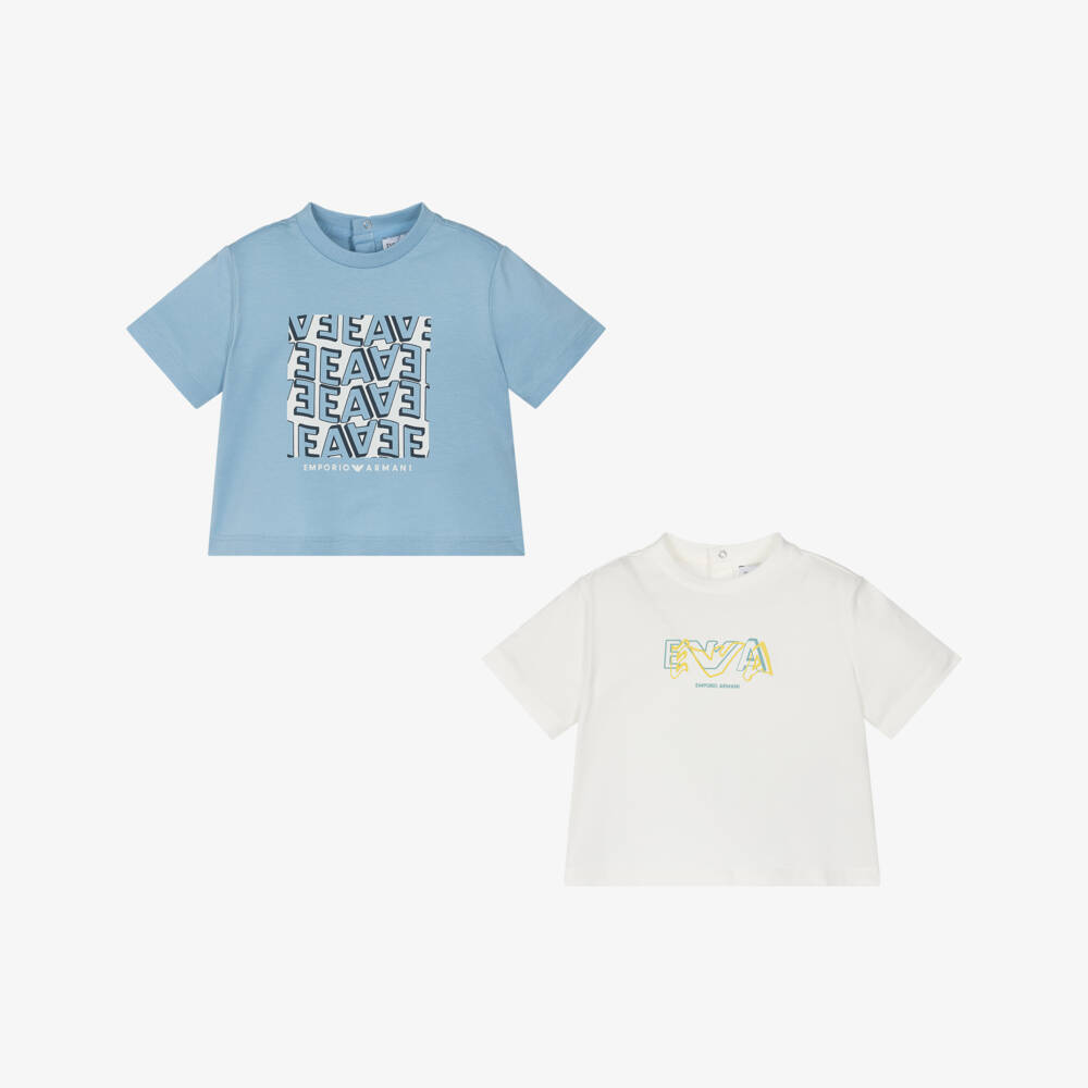 Emporio Armani-Baby Boys Blue & White Cotton Logo T-Shirt (2 Pack) | Childrensalon