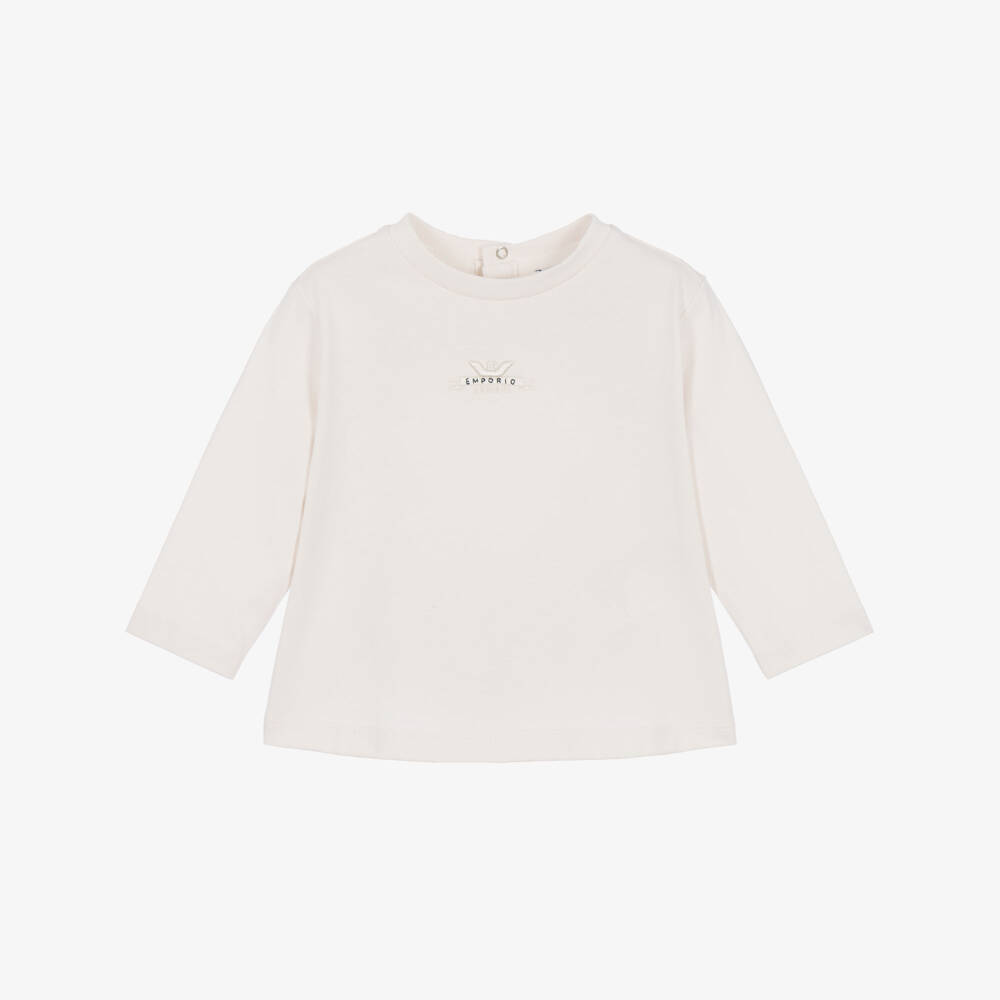 Emporio Armani-Baby Boys Ivory Long Sleeve Top with Embroidered Eagle | Childrensalon