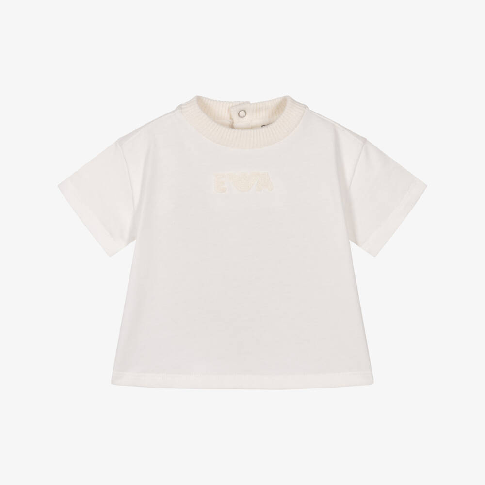 Emporio Armani-Baby Boys Ivory Ribbed Crew Neck Cotton T-Shirt | Childrensalon
