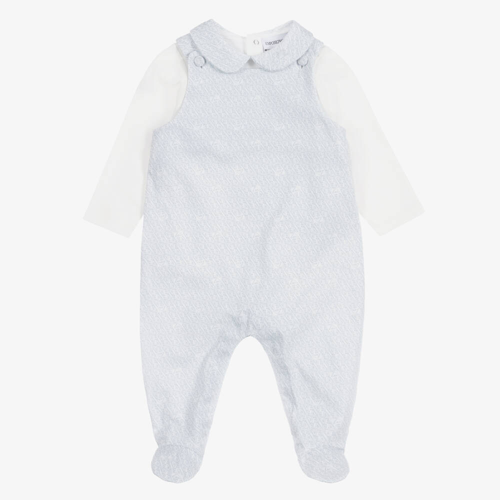Emporio Armani-Baby Boys Light Blue Cotton Babysuit Set with EA Print | Childrensalon