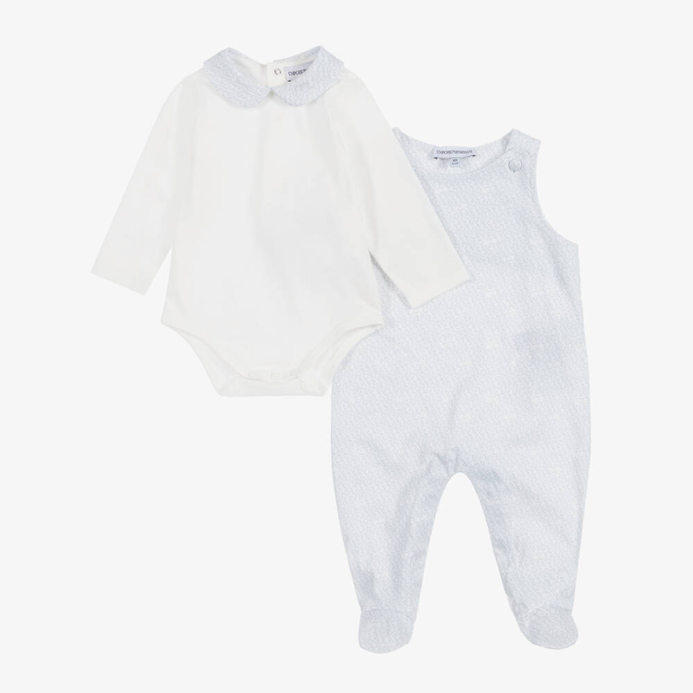 Emporio Armani-Baby Boys Light Blue Cotton Babysuit Set with EA Print | Childrensalon