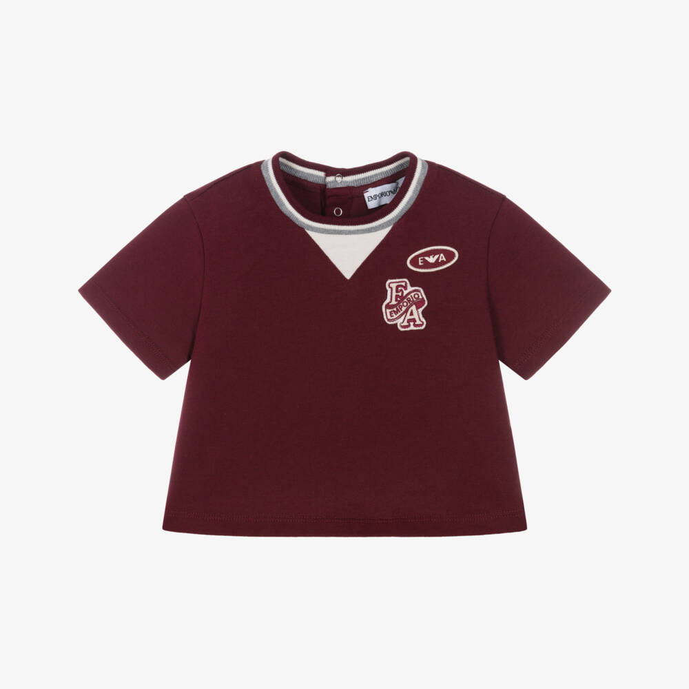 Emporio Armani-Baby Boys Maroon Cotton Varsity T-Shirt | Childrensalon