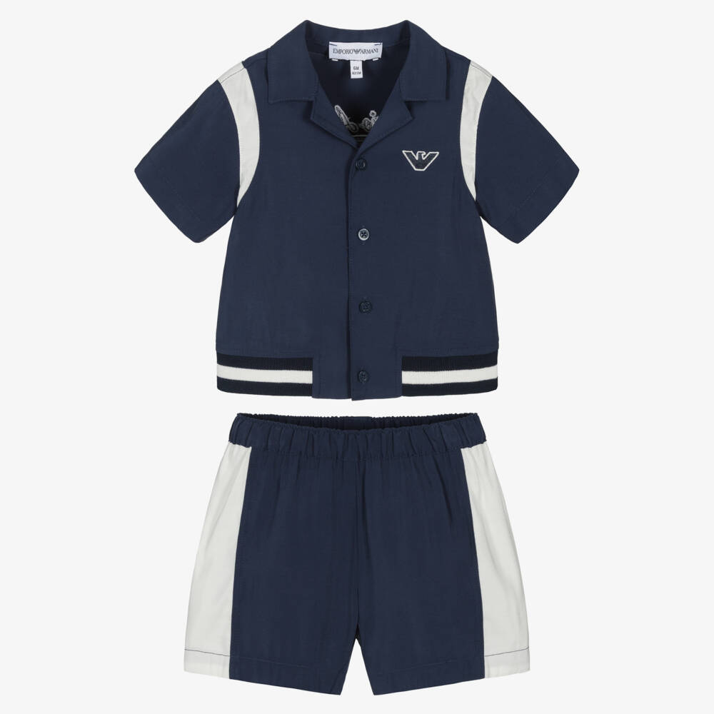 Emporio Armani-Baby Boys Navy Blue Shirt & Shorts Set with Logo Embroidery | Childrensalon