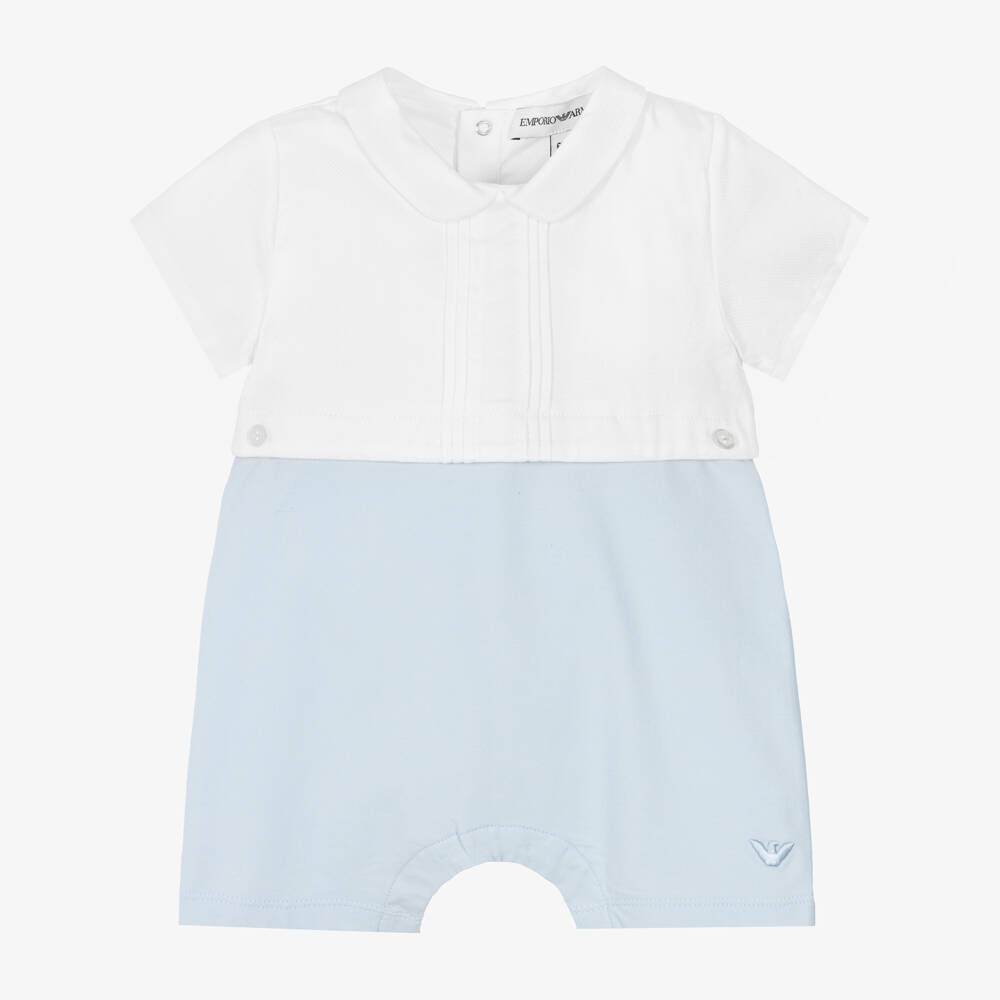 Emporio Armani-بودي سوت قطن لون أبيض وأزرق للأولاد الرضع | Childrensalon
