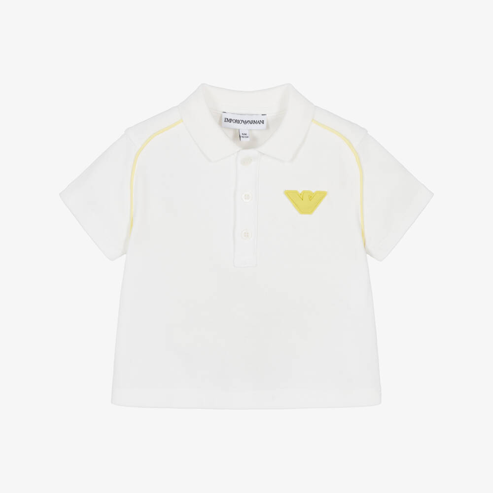Emporio Armani-Baby Boys White Cotton Polo Shirt with Yellow Eagle Logo | Childrensalon