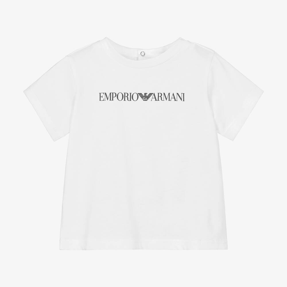Emporio Armani-Baby Boys White Short-Sleeved Cotton T-Shirt | Childrensalon