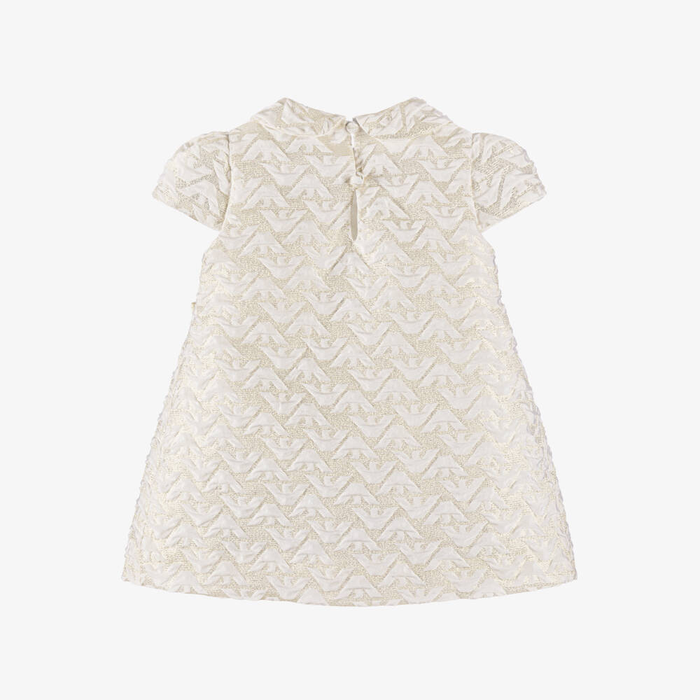 Emporio Armani-Baby Girls Ivory & Gold Eagle Logo Dress with Bows | Childrensalon