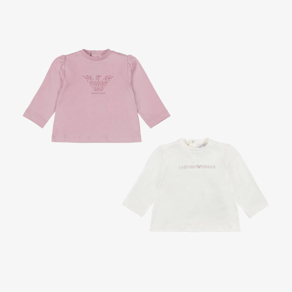 Emporio Armani-Baby Girls Pink & Ivory Long Sleeve T-Shirts (2 pack) | Childrensalon