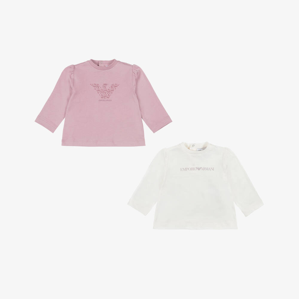 Emporio Armani-Baby Girls Pink & Ivory Long Sleeve T-Shirts (2 pack) | Childrensalon