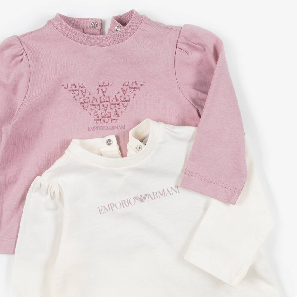 Emporio Armani-Baby Girls Pink & Ivory Long Sleeve T-Shirts (2 pack) | Childrensalon