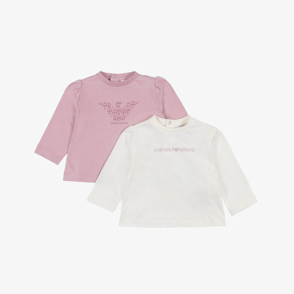 Emporio Armani-Baby Girls Pink & Ivory Long Sleeve T-Shirts (2 pack) | Childrensalon