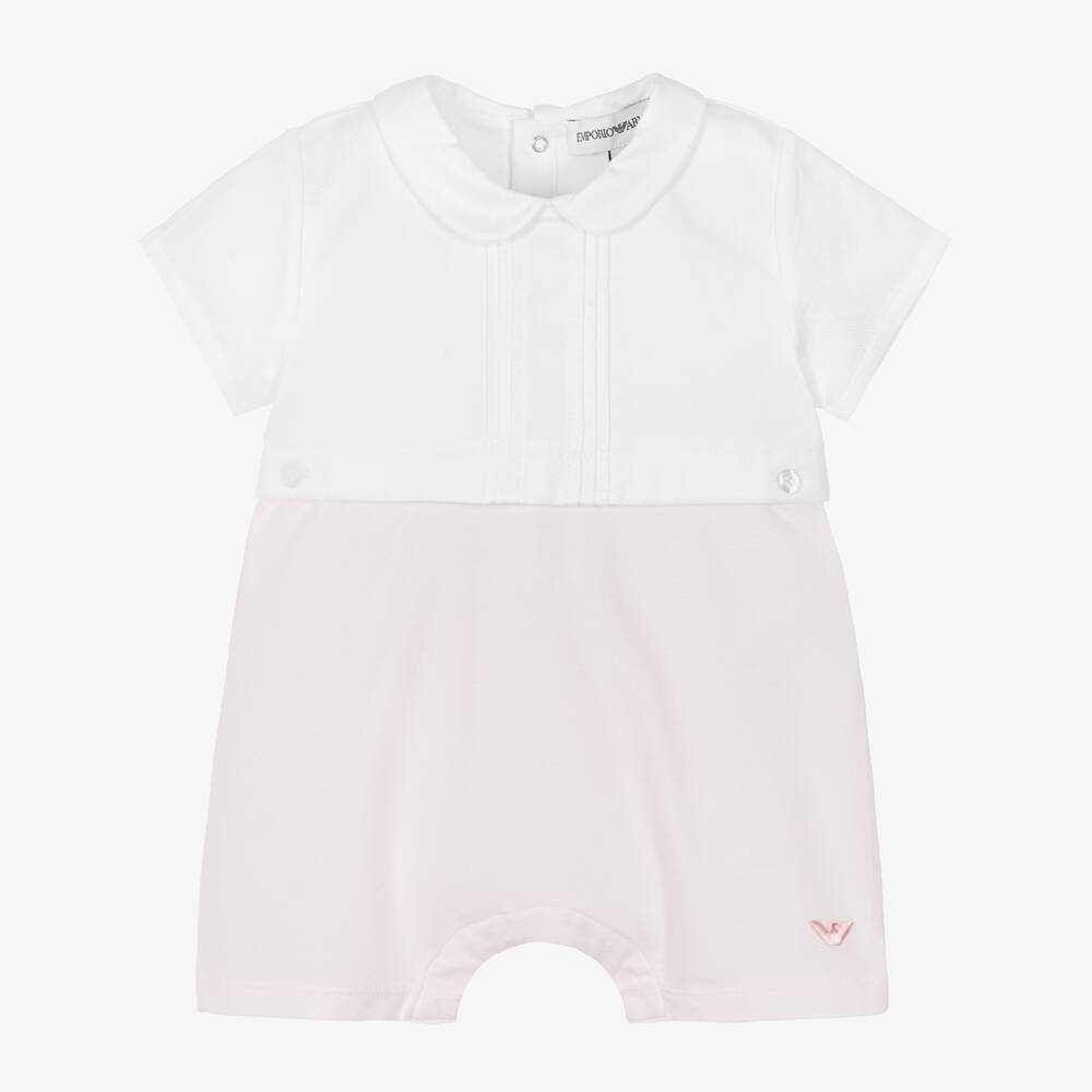 Emporio Armani-Baby Girls White & Pink Cotton Shortie | Childrensalon