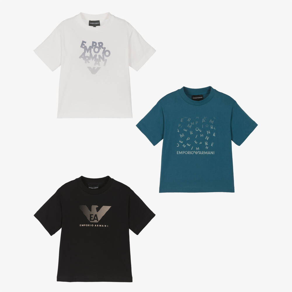 Emporio Armani-Blue Black & White Cotton Eagle Logo T-Shirts (3 Pack) | Childrensalon
