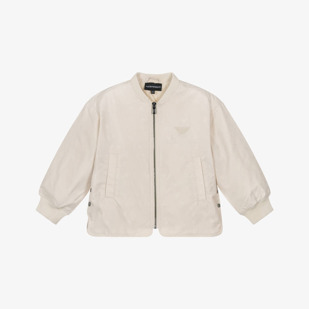 Emporio Armani-Boys Beige Bomber Jacket with Jacquard Eagle Logo | Childrensalon