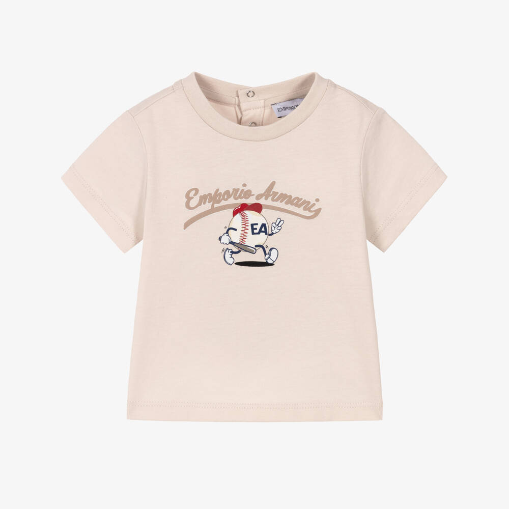 Emporio Armani-Boys Beige Cotton Baseball Print T-shirt | Childrensalon