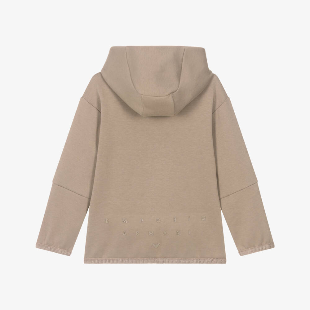 Emporio Armani-Boys Beige Cotton Eagle Logo Zip-Up Hooded Top | Childrensalon