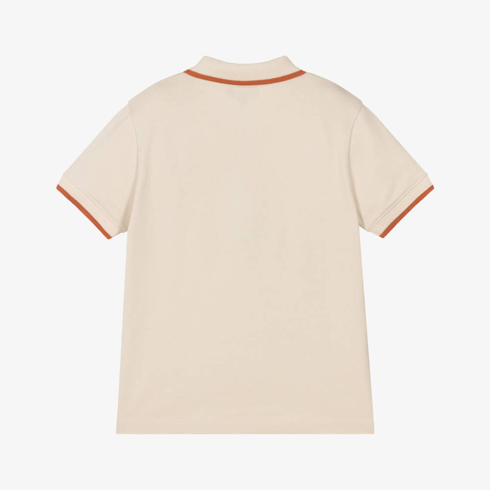 Emporio Armani-Boys Beige Cotton Polo Shirt with Orange Logo & Tipping | Childrensalon