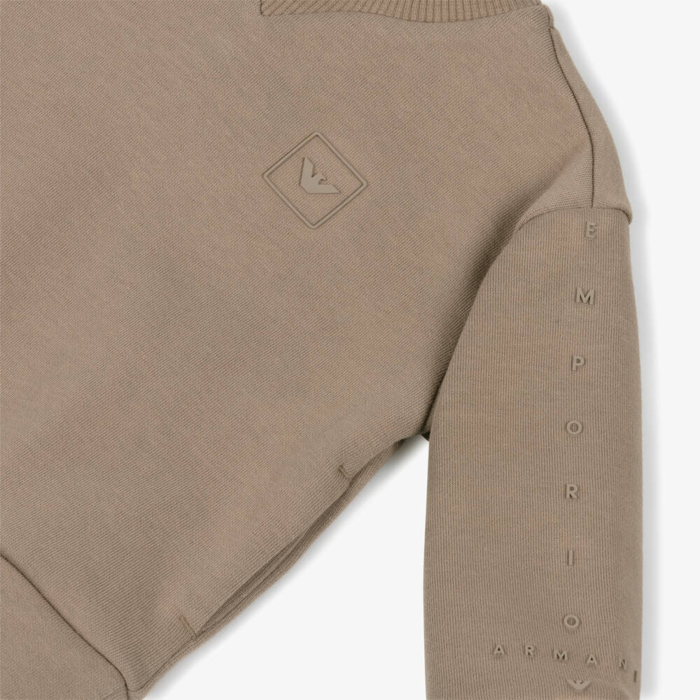 Emporio Armani-Boys Beige Cotton Ribbed Neck Sweatshirt | Childrensalon
