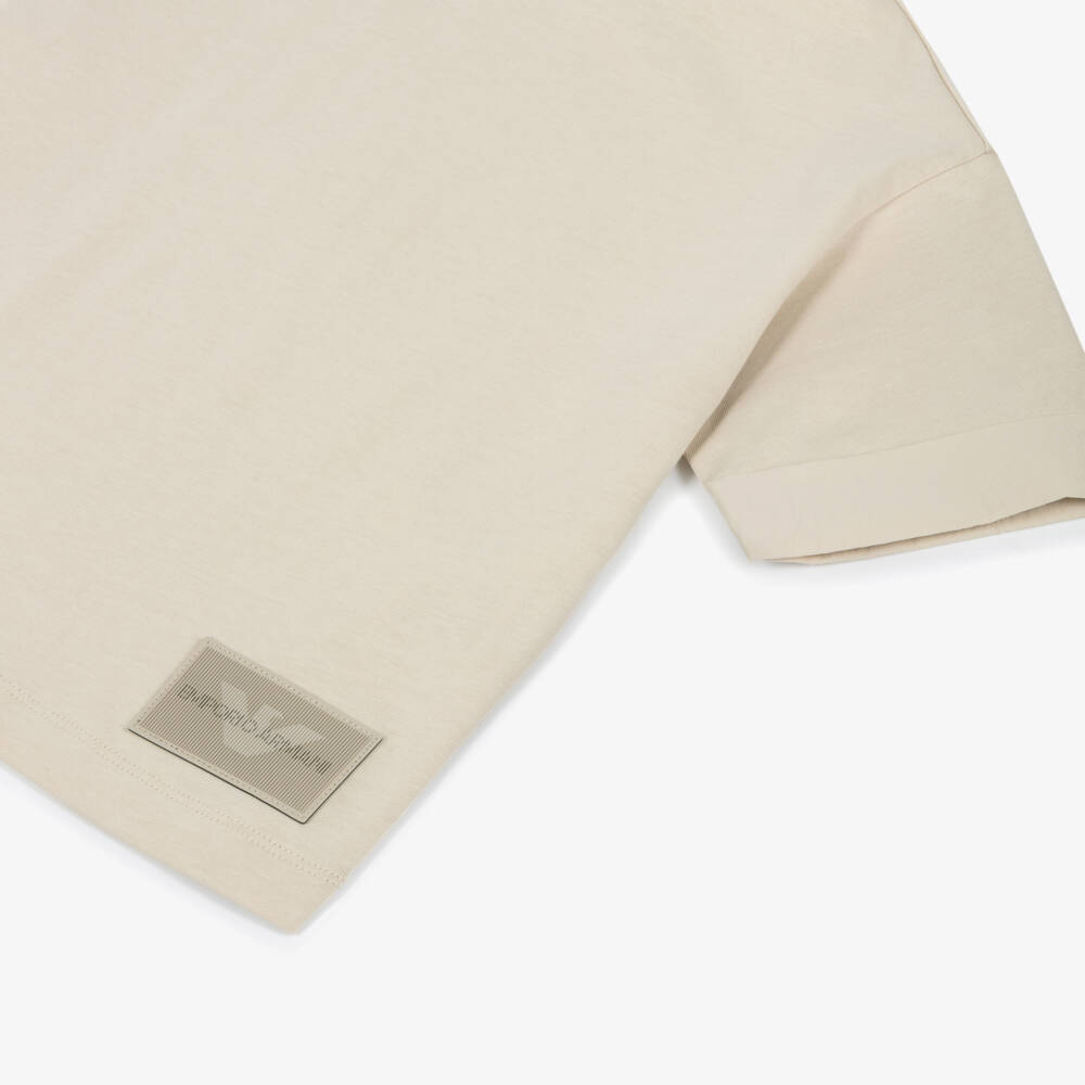 Emporio Armani-Boys Beige Cotton T-Shirt with Lenticular Patch Logo  | Childrensalon