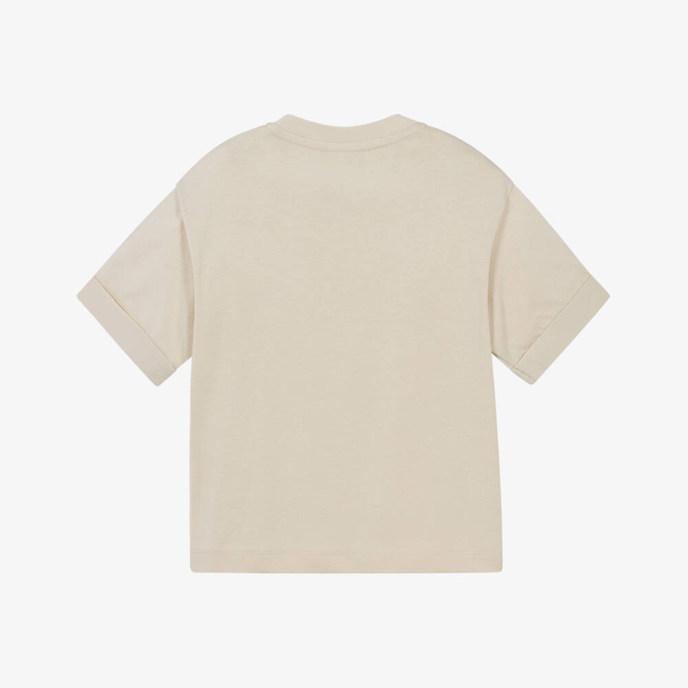 Emporio Armani-Boys Beige Cotton T-Shirt with Lenticular Patch Logo  | Childrensalon