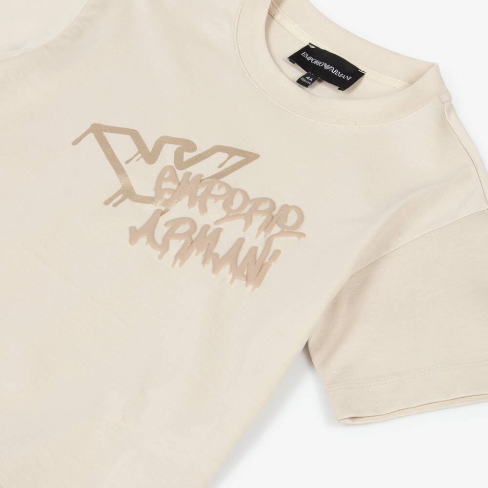 Emporio Armani-Boys Beige Cotton T-Shirt with Spray-Paint Eagle Logo | Childrensalon