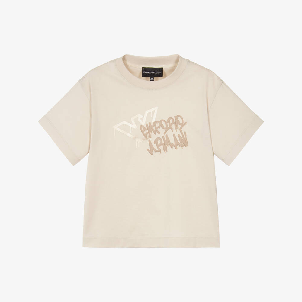 Emporio Armani-Boys Beige Cotton T-Shirt with Spray-Paint Eagle Logo | Childrensalon