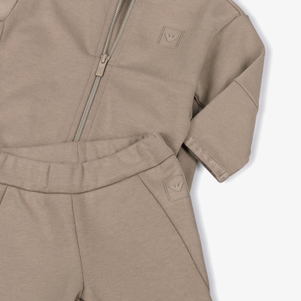 Emporio Armani-Boys Beige Cotton Tracksuit with Chevron Ribbon Trim | Childrensalon