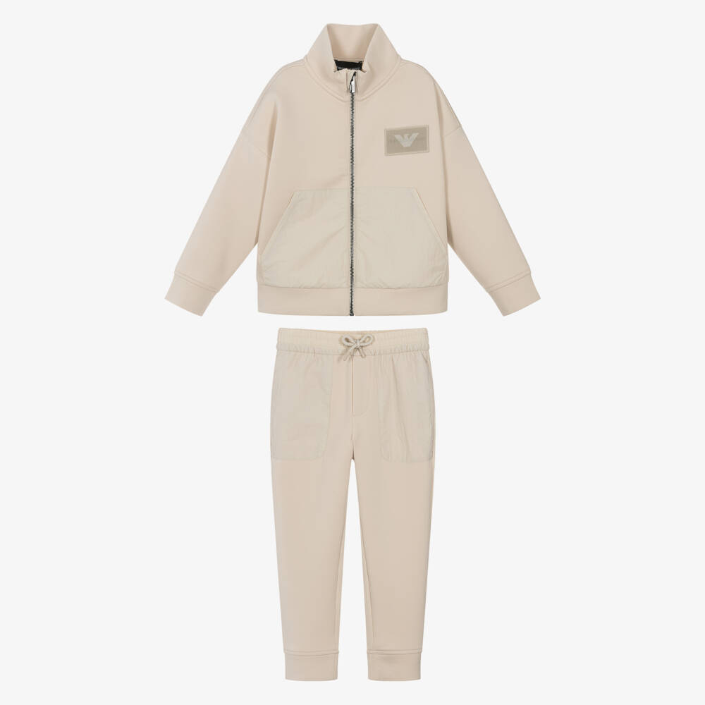 Emporio Armani-Boys Beige Cotton Tracksuit with Lenticular Logo Patch | Childrensalon