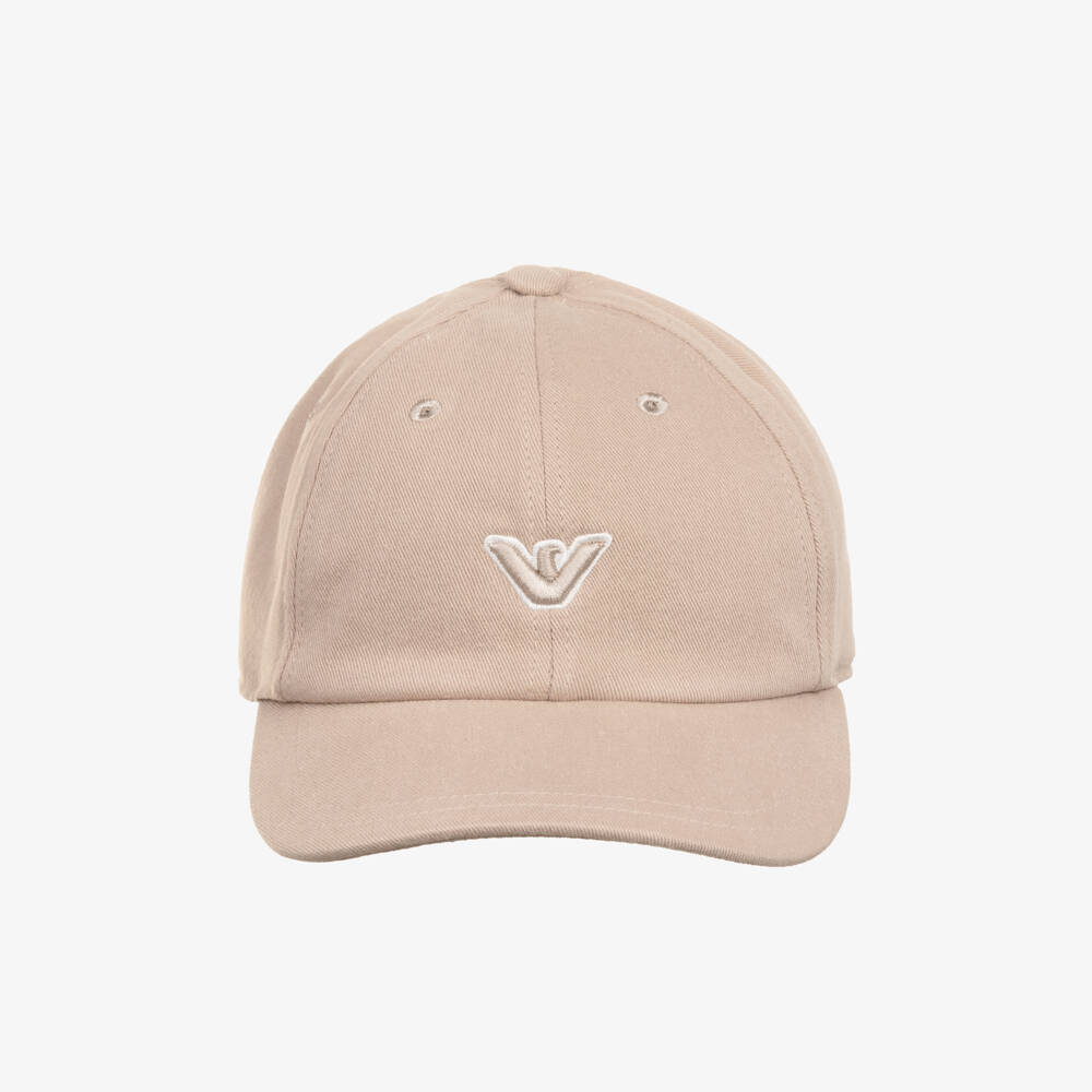 Emporio Armani-Boys Beige Cotton Twill Cap with Eagle Logo | Childrensalon