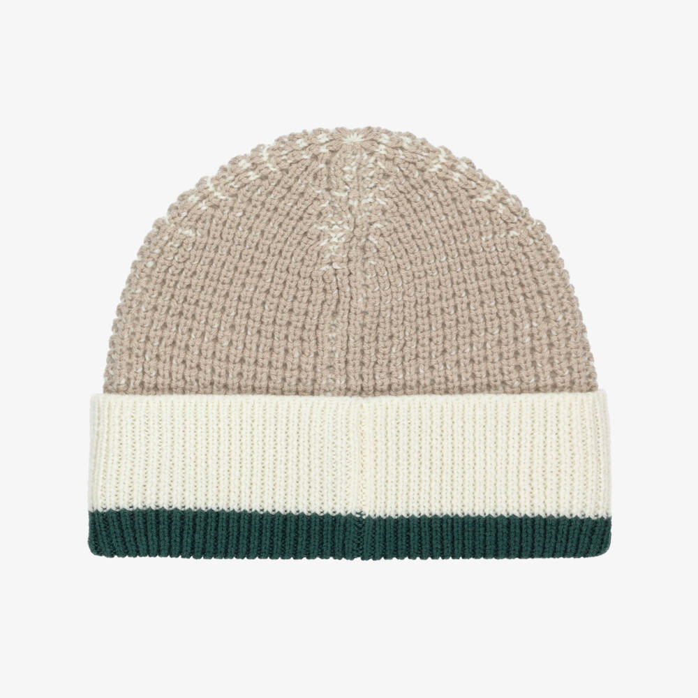 Emporio Armani-Boys Beige & Green Chunky Knit Hat | Childrensalon