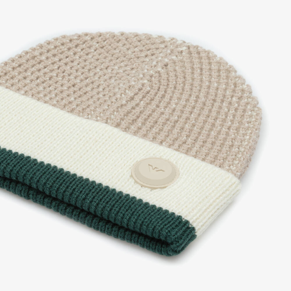 Emporio Armani-Boys Beige & Green Chunky Knit Hat | Childrensalon
