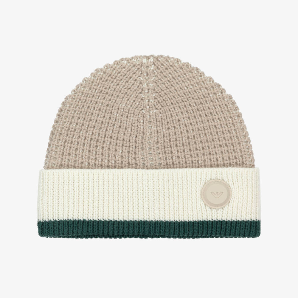 Emporio Armani-Boys Beige & Green Chunky Knit Hat | Childrensalon