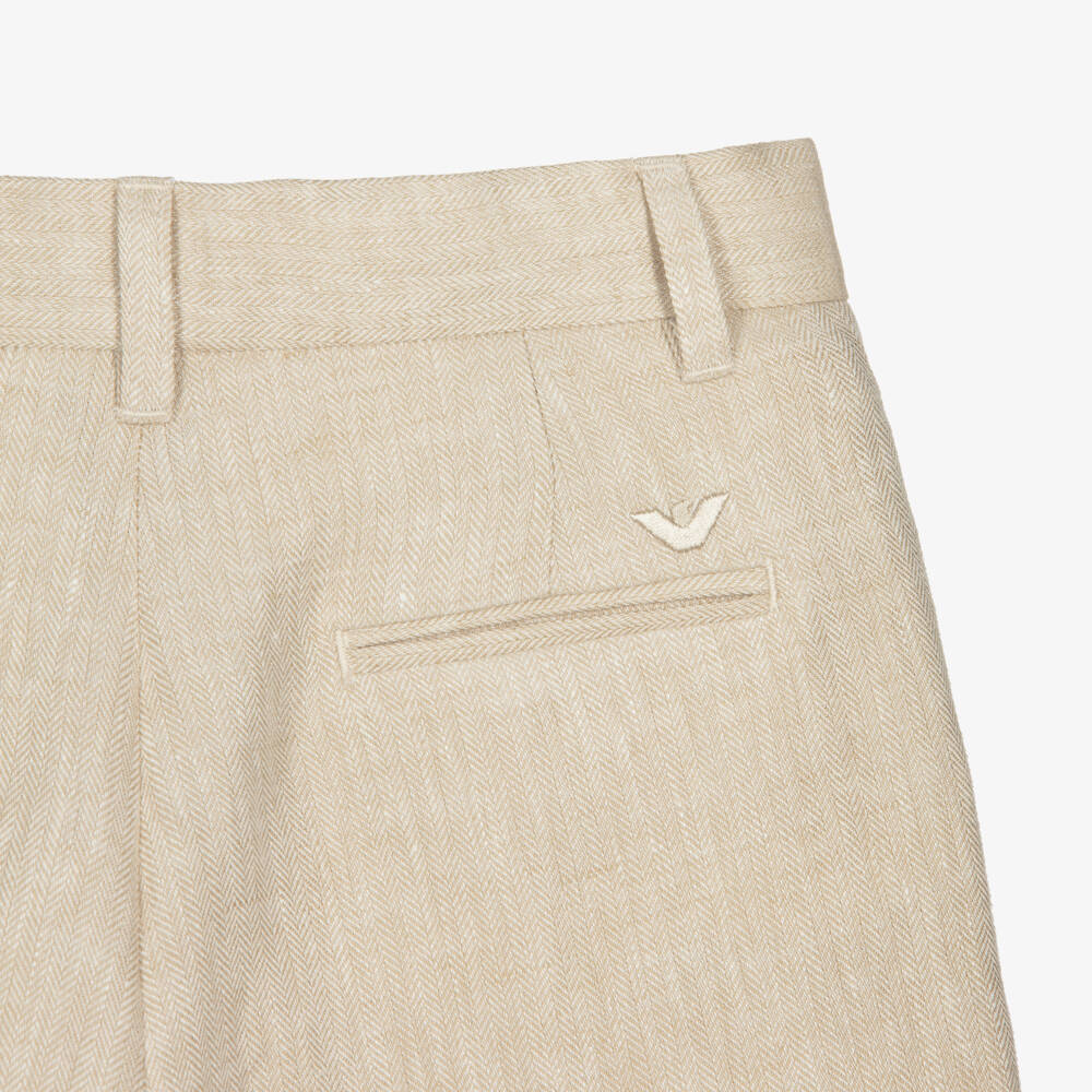Emporio Armani-Boys Beige Herringbone Linen Shorts | Childrensalon