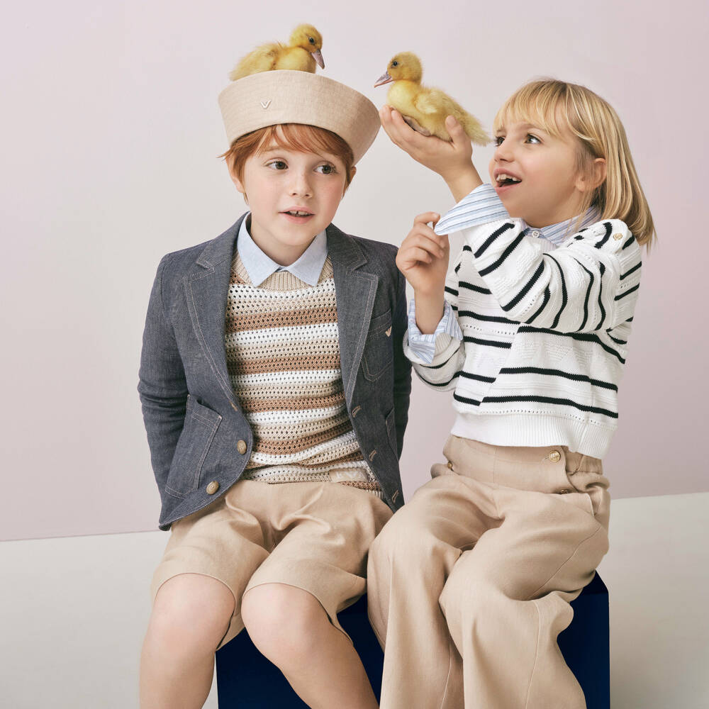 Emporio Armani-Boys Beige Herringbone Linen Shorts | Childrensalon