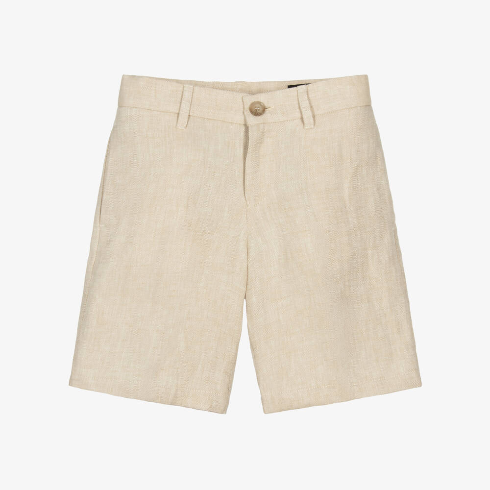 Emporio Armani-Boys Beige Herringbone Linen Shorts | Childrensalon