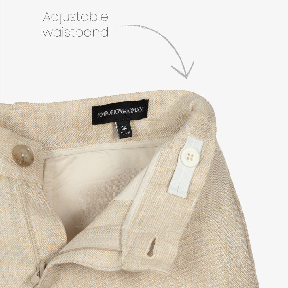 Emporio Armani-Boys Beige Herringbone Linen Shorts | Childrensalon