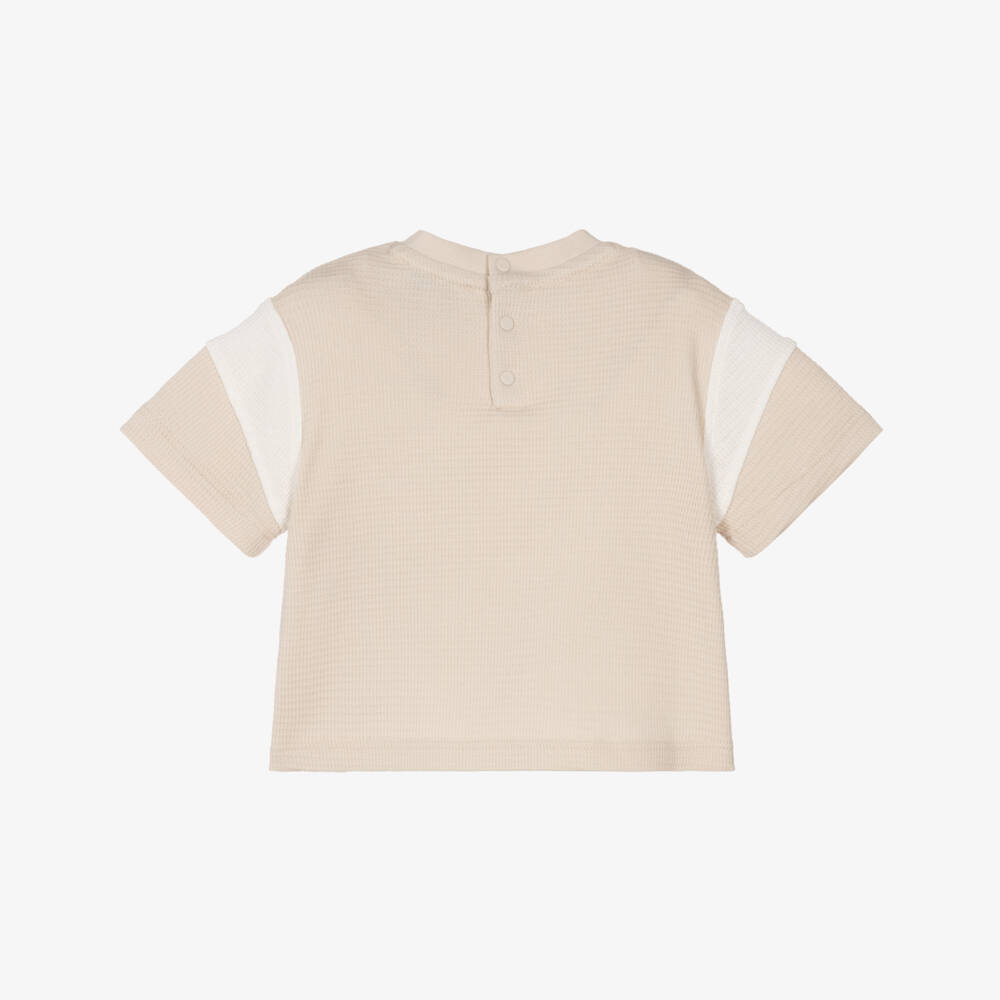 Emporio Armani-Boys Beige & Ivory Cotton Embroidered Logo T-Shirt | Childrensalon