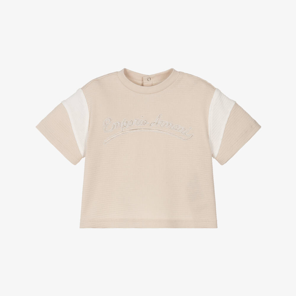 Emporio Armani-Boys Beige & Ivory Cotton Embroidered Logo T-Shirt | Childrensalon
