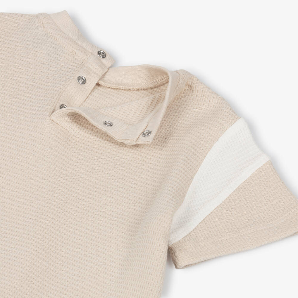 Emporio Armani-Boys Beige & Ivory Cotton Embroidered Logo T-Shirt | Childrensalon