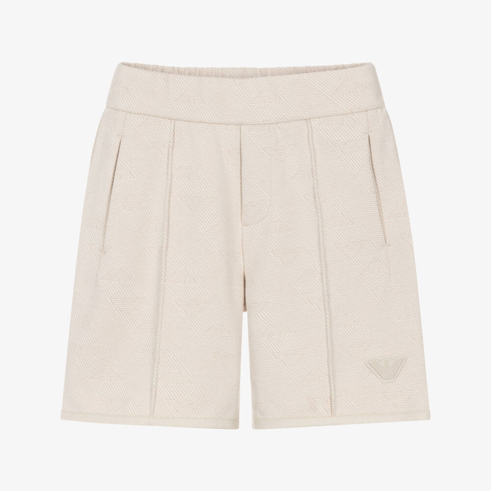 Emporio Armani-Boys Beige Jacquard Jersey Shorts with Eagle Logo | Childrensalon