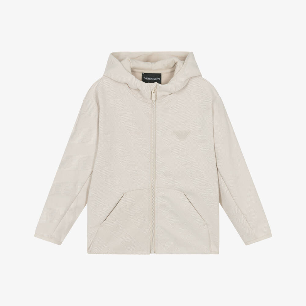 Emporio Armani-Boys Beige Jacquard Logo Jersey Zip-Up Top | Childrensalon