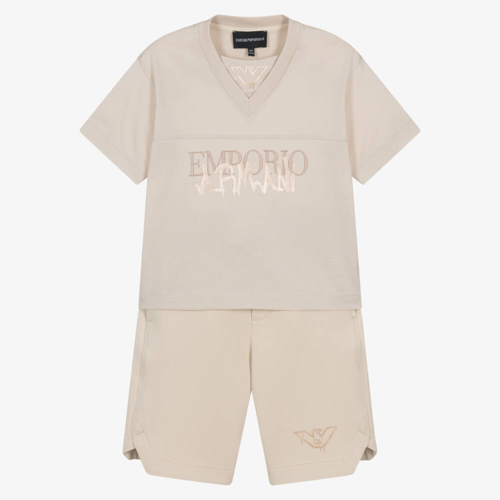 Emporio Armani-Boys Beige Jersey Shorts Set with Spray-Paint Logos | Childrensalon