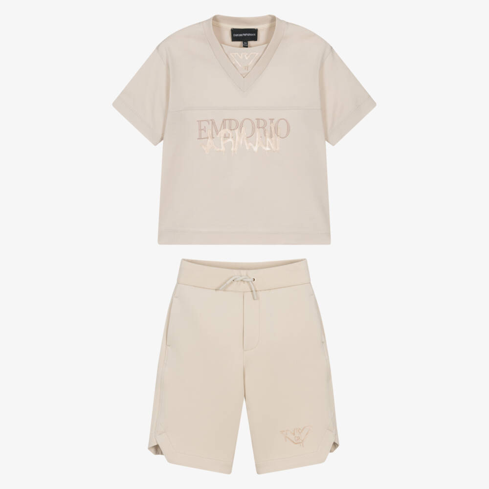 Emporio Armani-Boys Beige Jersey Shorts Set with Spray-Paint Logos | Childrensalon
