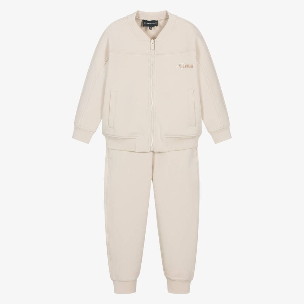 Emporio Armani-Boys Beige Jersey Tracksuit with Spray-Paint Logos | Childrensalon