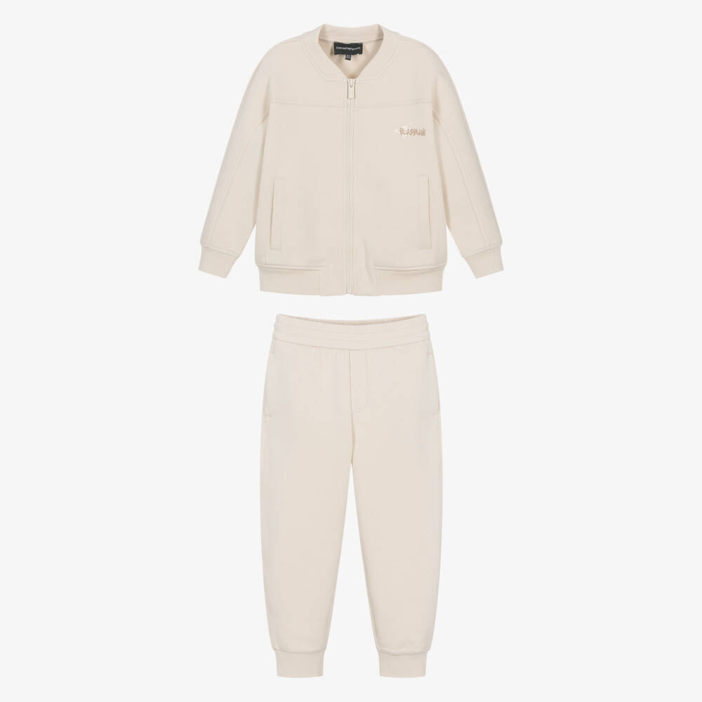 Emporio Armani-Boys Beige Jersey Tracksuit with Spray-Paint Logos | Childrensalon