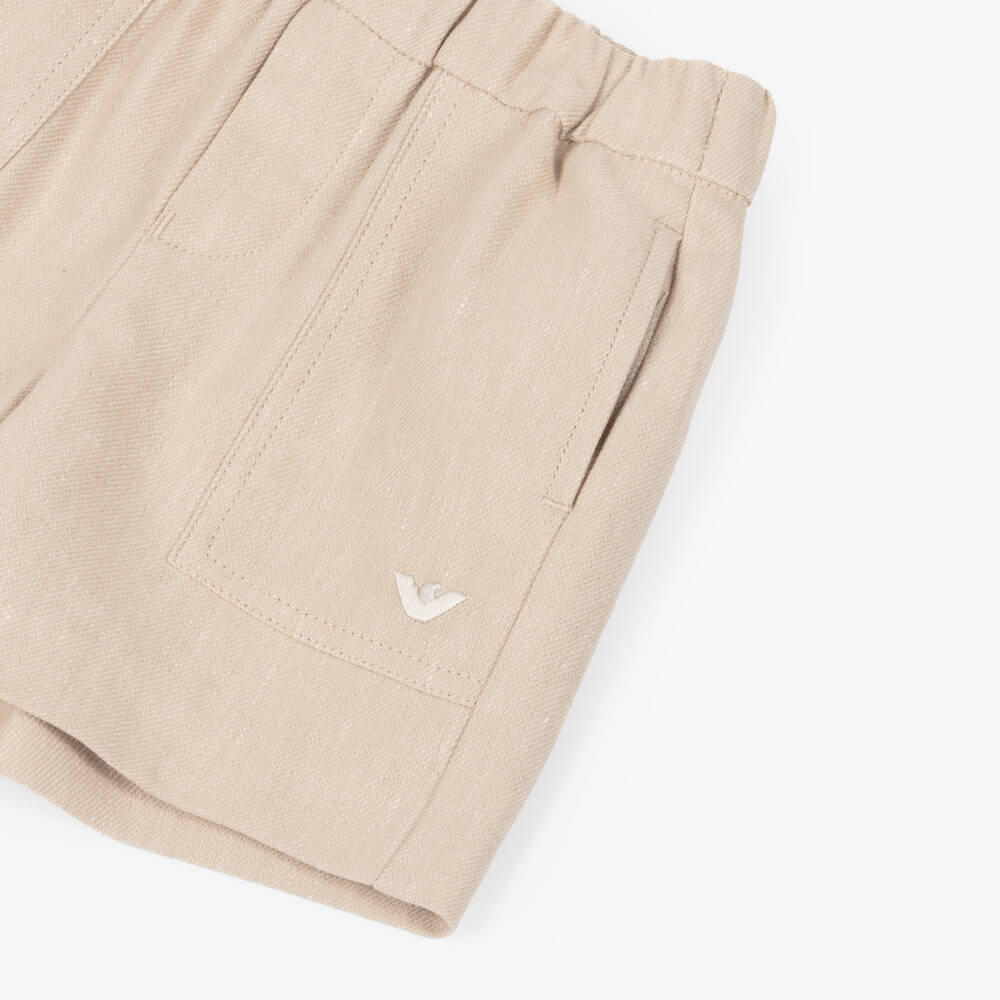 Emporio Armani-Boys Beige Linen & Cotton Eagle Logo Shorts | Childrensalon