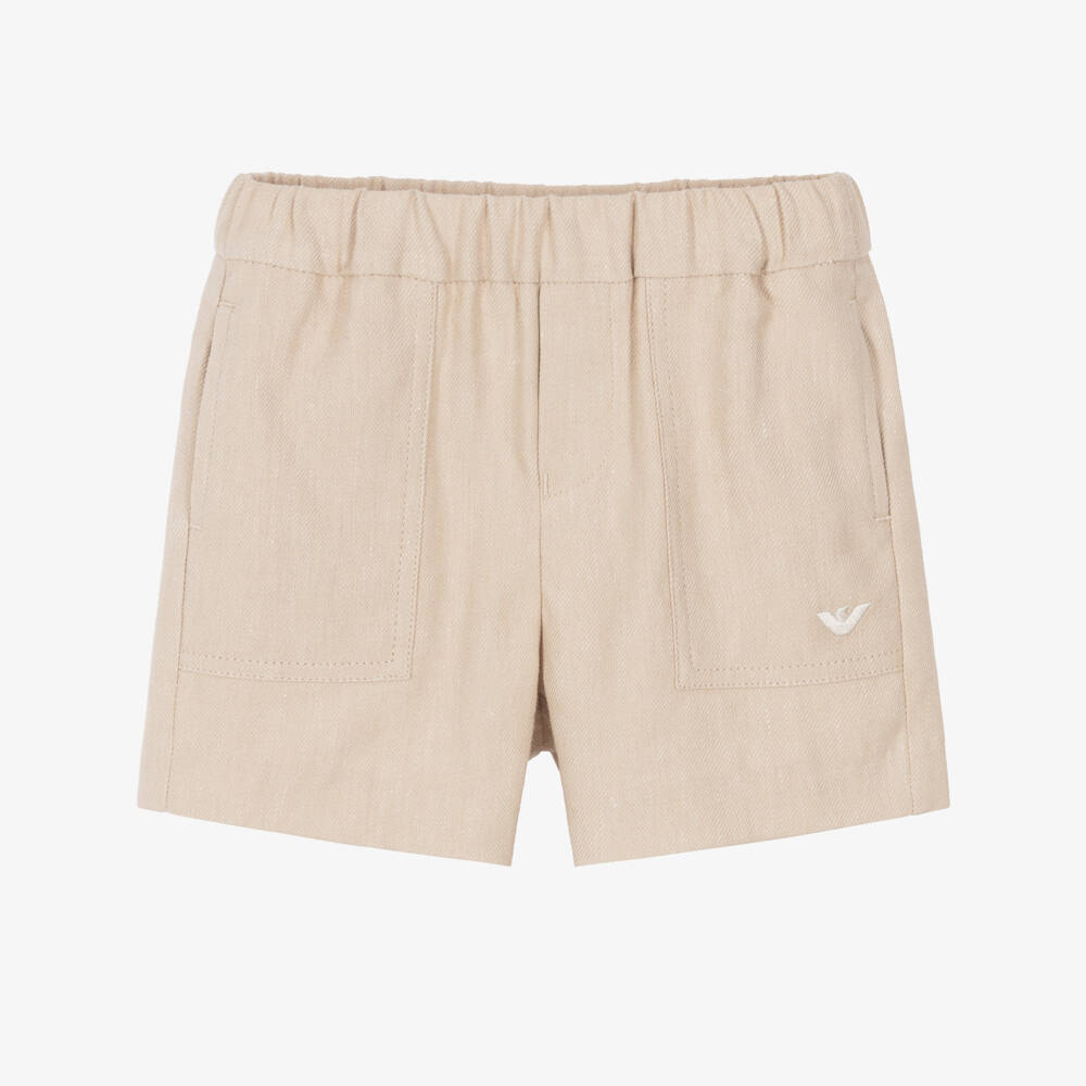 Emporio Armani-Boys Beige Linen & Cotton Eagle Logo Shorts | Childrensalon