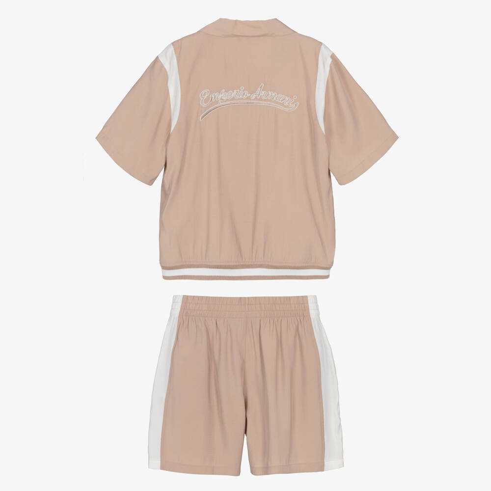 Emporio Armani-Boys Beige Shirt & Shorts Set with Logo Embroidery | Childrensalon